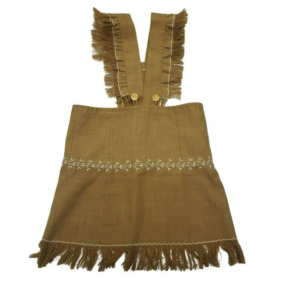 Handmade Embroidered Girls Pinafore Dress Fringe Brown Tan White Boho Prairie - Picture 2 of 10